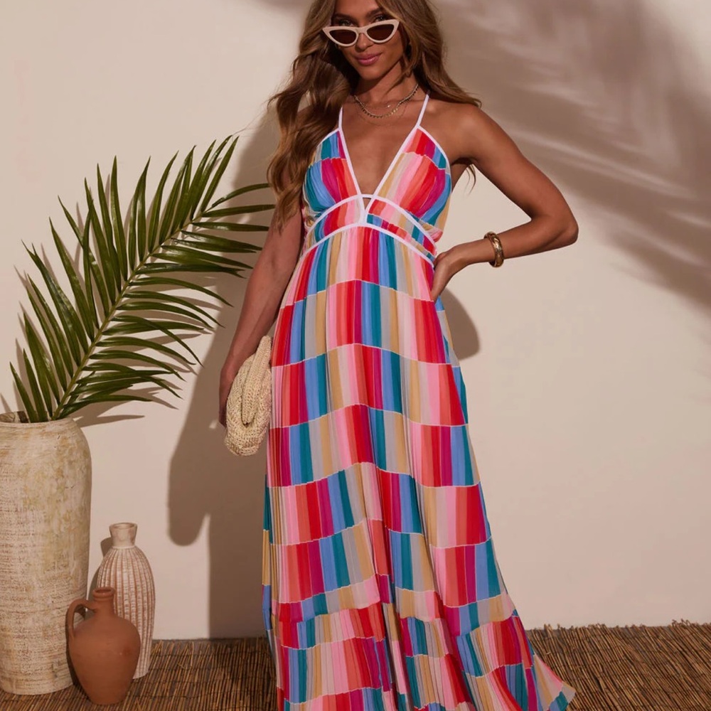 Pink and Blue Sleeveless Halter Maxi Sundress